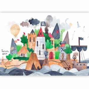 Fotobehang - A colourful treasure island with a castle - a pirate ship at sea for children