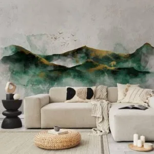 Fotobehang - Abstract landscape - green mountains with golden patterns and birds