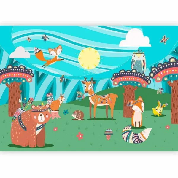 Fotobehang - Adventures in the forest - forest animals in an Indian theme for children