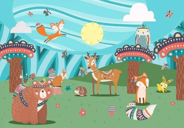Fotobehang - Adventures in the forest - forest animals in an Indian theme for children