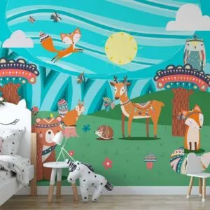 Fotobehang - Adventures in the forest - forest animals in an Indian theme for children