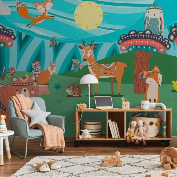 Fotobehang - Adventures in the forest - forest animals in an Indian theme for children