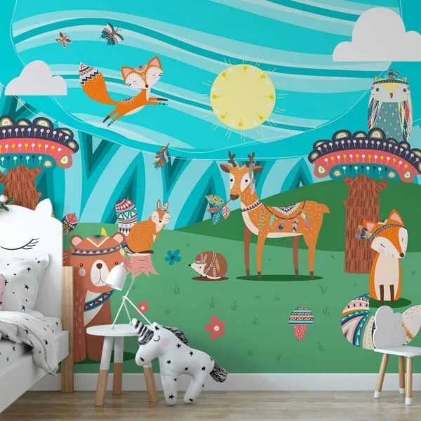 Fotobehang - Adventures in the forest - forest animals in an Indian theme for children