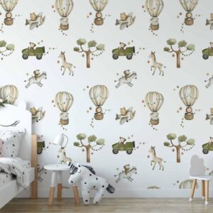 Fotobehang - Africa for Toddler - Animals on Savannah in Watercolour Technique