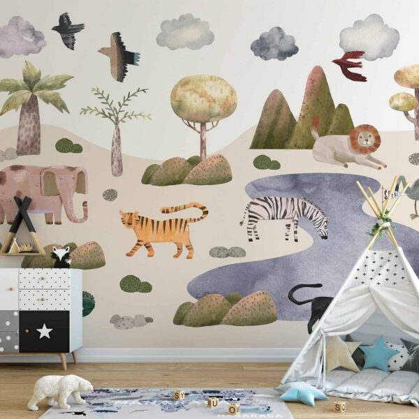 Fotobehang - Africa for Toddlers - Savannah Animals in Pastel Colours