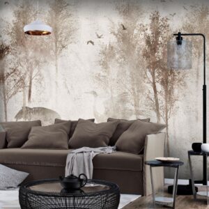 Fotobehang - Among the trees - landscape in grey tones in fog in a clearing with birds