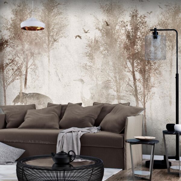 Fotobehang - Among the trees - landscape in grey tones in fog in a clearing with birds