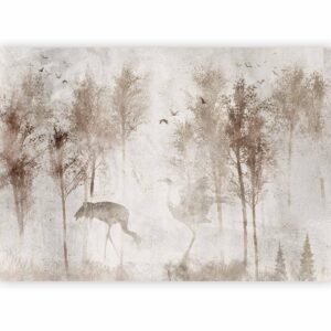 Fotobehang - Among the trees - landscape in grey tones in fog in a clearing with birds