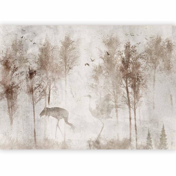 Fotobehang - Among the trees - landscape in grey tones in fog in a clearing with birds