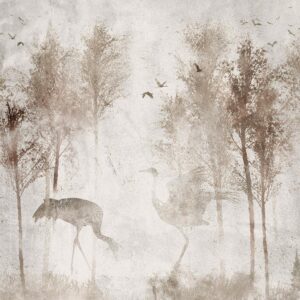 Fotobehang - Among the trees - landscape in grey tones in fog in a clearing with birds