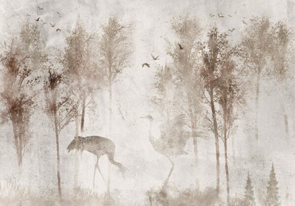 Fotobehang - Among the trees - landscape in grey tones in fog in a clearing with birds