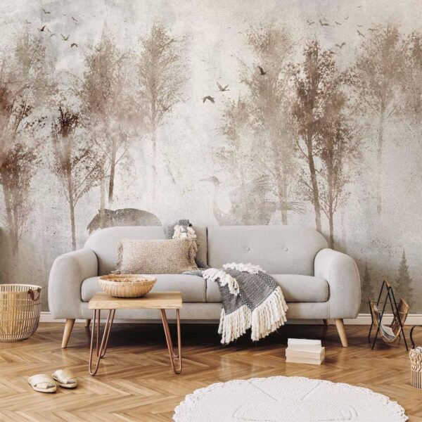 Fotobehang - Among the trees - landscape in grey tones in fog in a clearing with birds