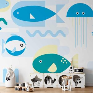 Fotobehang - Animals in the sea - geometric blue fish in water for kids