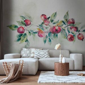 Fotobehang - Apple branch - landscape with a plant and red apples on a white background