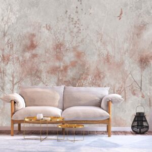 Fotobehang - Autumn landscape - abstract with trees and birds on a textured background