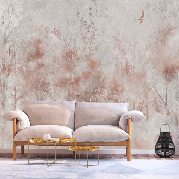 Fotobehang - Autumn landscape - abstract with trees and birds on a textured background