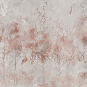 Fotobehang - Autumn landscape - abstract with trees and birds on a textured background