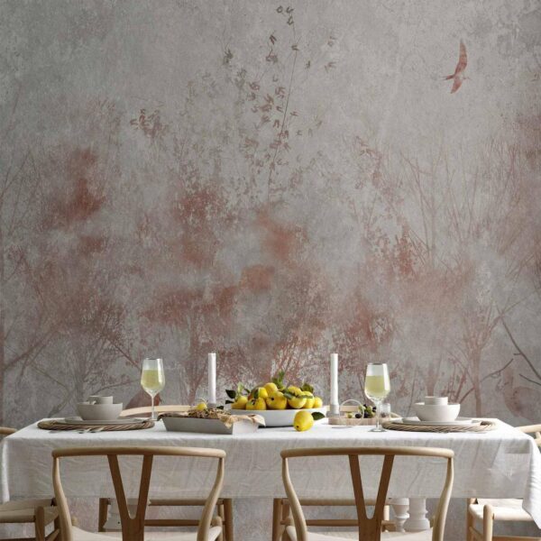 Fotobehang - Autumn landscape - abstract with trees and birds on a textured background