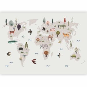 Fotobehang - Beige World - Continents With Animals in Muted Colours