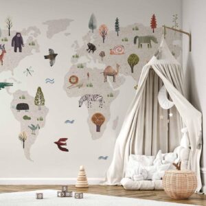 Fotobehang - Beige World - Continents With Animals in Muted Colours