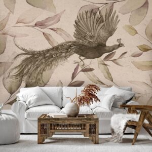 Fotobehang - Bird among the leaves - floral motif with a flying peacock in cool tones