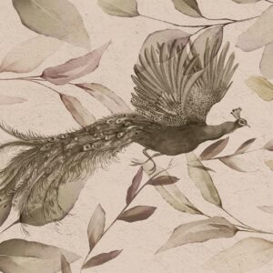 Fotobehang - Bird among the leaves - floral motif with a flying peacock in cool tones