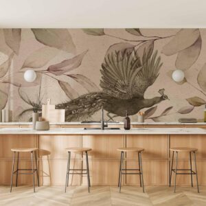 Fotobehang - Bird among the leaves - floral motif with a flying peacock in cool tones