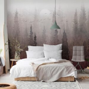 Fotobehang - Bird's flight over treetops - landscape of a dark forest in fog