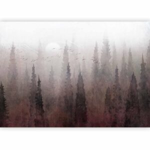 Fotobehang - Bird's flight over treetops - landscape of a dark forest in fog