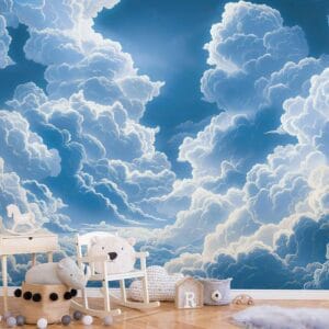 Fotobehang - Blue Sky Breaking Through White Fluffy Clouds