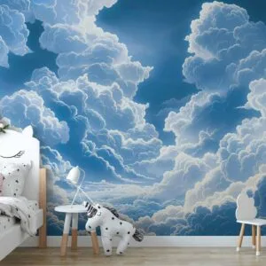 Fotobehang - Blue Sky Breaking Through White Fluffy Clouds