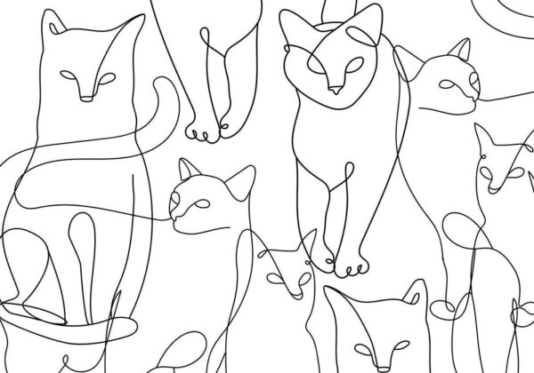 Fotobehang - Cat lineart - minimalist sketches of black cats on white background