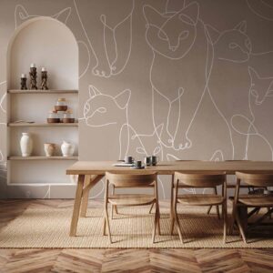Fotobehang - Cat lineart - minimalist sketches of white cats on beige background