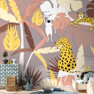 Fotobehang - Cheetahs in the jungle - landscape with exotic animals with palm trees for children
