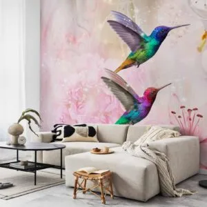 Fotobehang - Colourful Hummingbirds (Pink)