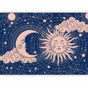 Fotobehang - Cosmic Harmony - Illustration of the Sun and Moon on a Navy Background