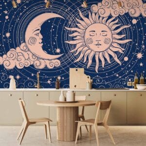 Fotobehang - Cosmic Harmony - Illustration of the Sun and Moon on a Navy Background