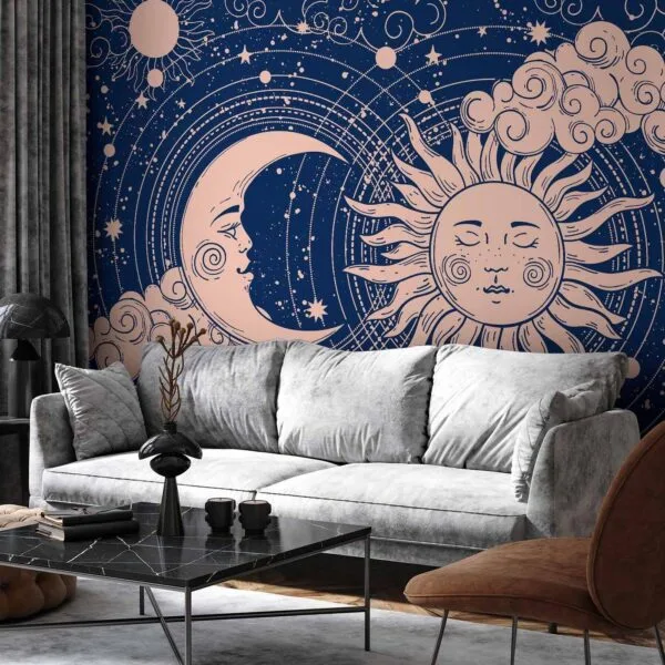 Fotobehang - Cosmic Harmony - Illustration of the Sun and Moon on a Navy Background