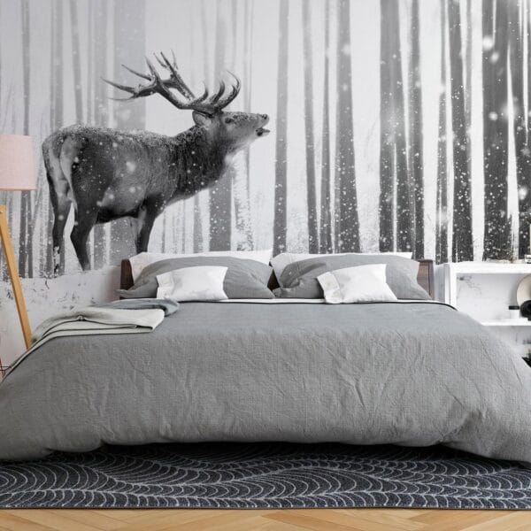 Fotobehang - Deer in the Snow (Black and White)
