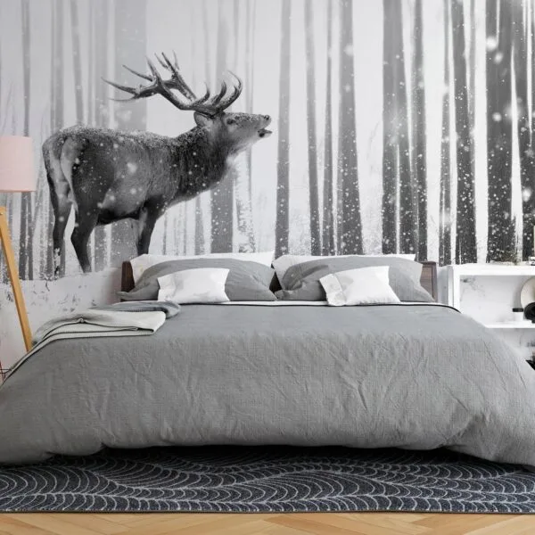 Fotobehang - Deer in the Snow (Black and White)