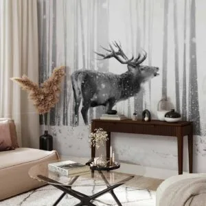 Fotobehang - Deer in the Snow (Black and White)