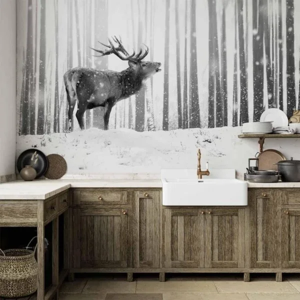 Fotobehang - Deer in the Snow (Black and White)