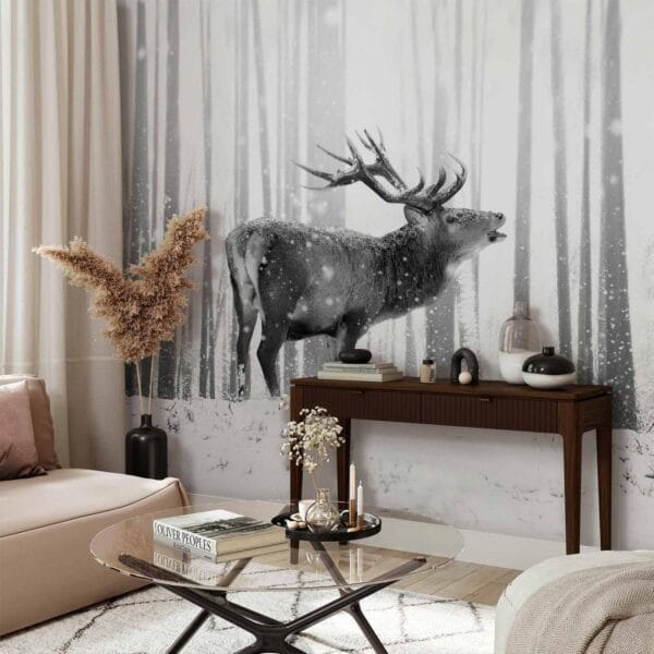 Fotobehang - Deer in the Snow (Black and White)