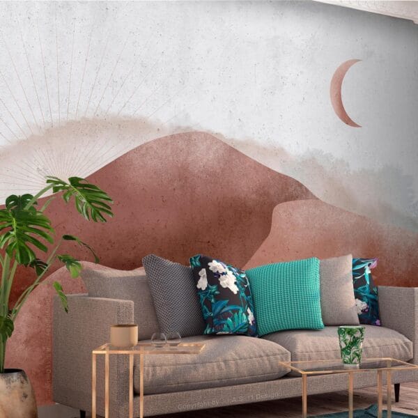 Fotobehang - Desert landscape - desert landscape with moon and sunrise