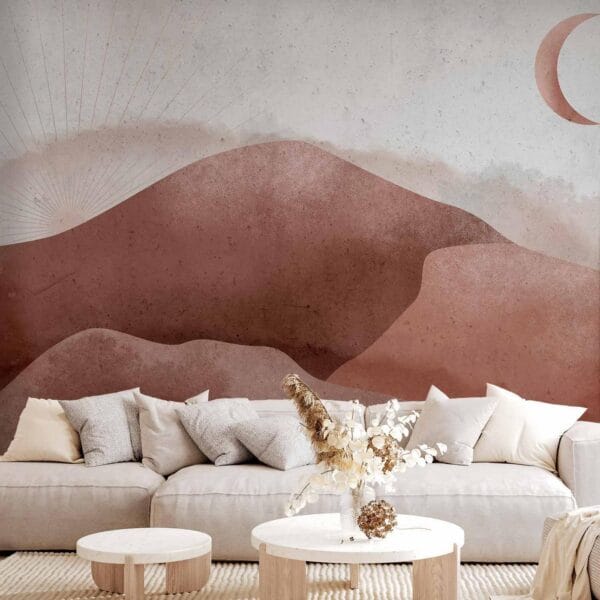 Fotobehang - Desert landscape - desert landscape with moon and sunrise