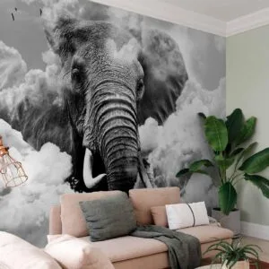 Fotobehang - Elephant in the Clouds (Black and White)