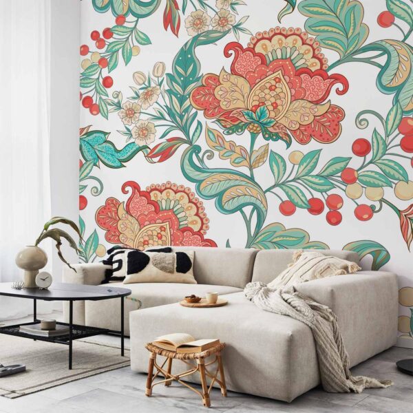 Fotobehang - Ethnic vegetation - plant motif with ornaments in coloured flowers