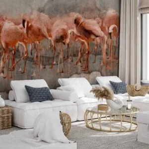 Fotobehang - Exotic birds - pink flamingos with shadow on grey concrete background