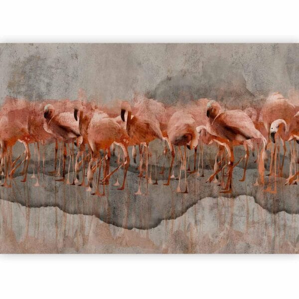 Fotobehang - Exotic birds - pink flamingos with shadow on grey concrete background