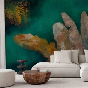 Fotobehang - Exotic jungle - plant motif with reflected leaves on a green background
